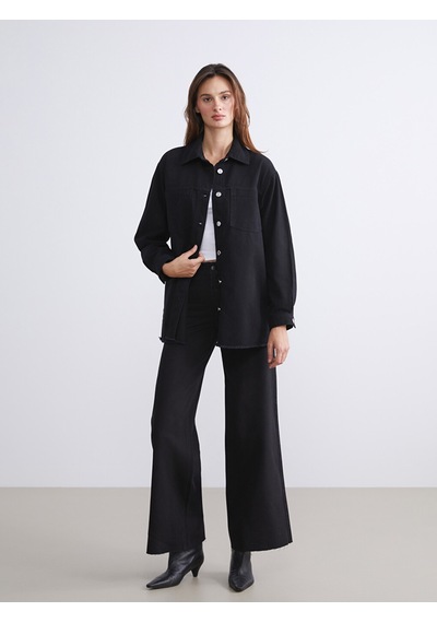 Lcwaıkıkı Classic Siyah Gömlek Yaka Oversize Kadın Jean Ceket