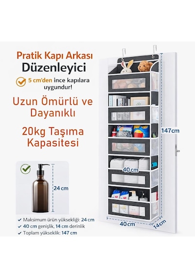 Valkyrie Kapı Arkası Organizer 5 Cepli Askılı Dolap Düzenleyici Çok Amaçlı Kapı Arkası Raf 20kg Taşıma Siyah Siyah