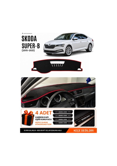 Skoda Super-b 2015-2021 Uyumlu Torpido Örtüsü, Torpido Kılıfı - Siyah-kırmızı - Sk012