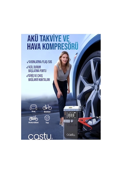 Castu Cs70 Plus 12000mah Akü Takviye Cihazı 4ü 1 Arada Jump Starter Kompresör Powerbank 150 Psı