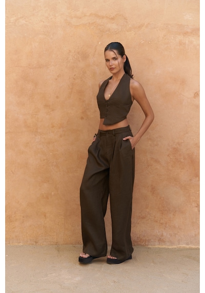 Mai Collection Mai Studios Co. Lvdovila Kahve Keten Crop Yelek Pantolon Takım Kahve