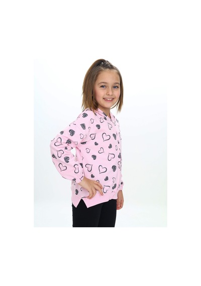 Toontoy Kids Toontoy Kız Çocuk Kapüşonlu Fermuarlı Komple Kalp Baskılı Örme Hırka Pembe