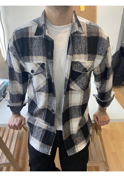 Erkek Krem-beyaz-siyah Çift Cep Kapaklı Slim Fit Oduncu Gömlek Krem-beyaz-siyah