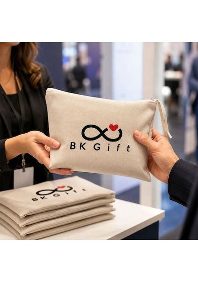 Bk Gift Logonuza Özel 10 Adet Kırık Beyaz Fermuarlı Keten El Cüzdanı 20 X 25 Cm Baskılı Set Bej