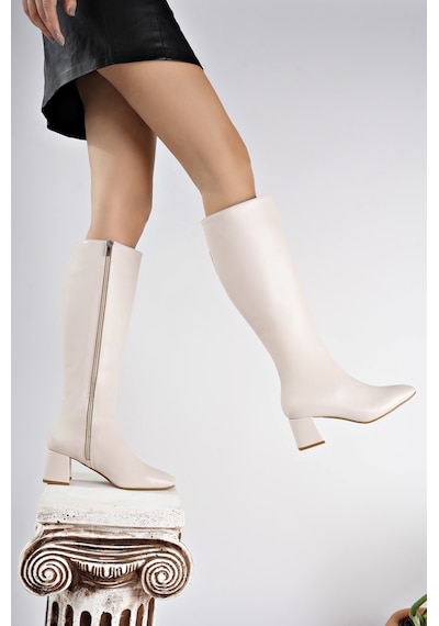 Muggo Karoline Garantili Küt Burun Yandan Fermuarlı Topuklu Kadın Çizme Ten