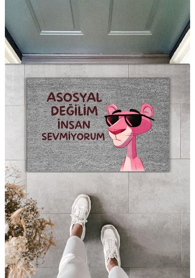 Rugmood Modern Dijital Baskı Paspas - Asosyal Değilim İnsan Sevmiyorum - Kapı Önü Paspası Gri