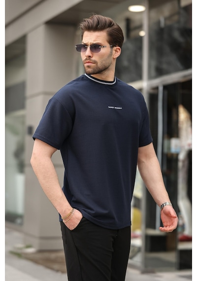 Madmext Lacivert Nakış Detaylı Basic Erkek T-shirt E7106 Lacivert
