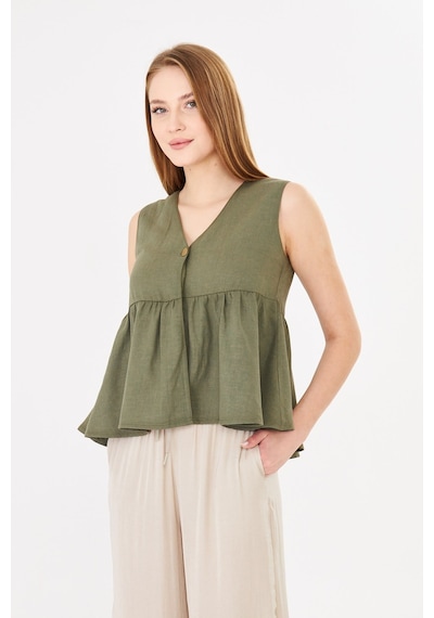 Sortie Collection V Yaka Tek Düğmeli Peplum Haki Keten Bluz