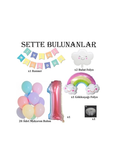 Gökkuşağı Bulut Konsepti 1 Yaş Doğum Günü Parti Kutlama Seti