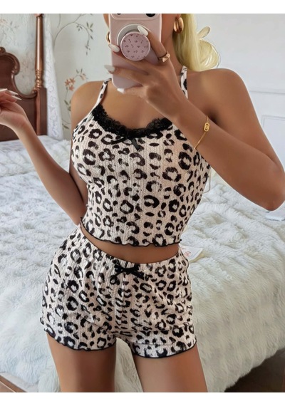 Fantezia Kadın Leopar Detaylı Şortlu Pijama Takım 5187 Kahverengi