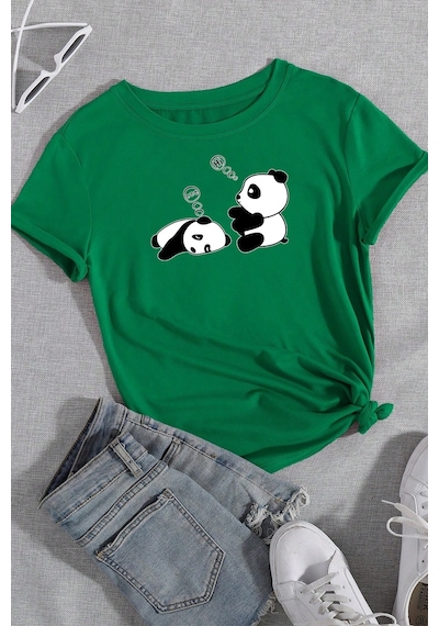 Unisex Uykucu Panda Baskılı Tasarım Tshirt Yeşil