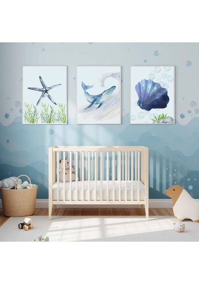 Besay Deep Blue:suluboya Okyanus Esintisi Çocuk Odası Posteri Dekoratif 3lü Set A4 Çerçevesiz