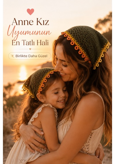 Anne Kız Kombin Bandana El Örgüsü Saç Bandı Bohem Stil Ayarlanabilir 2li Set Haki