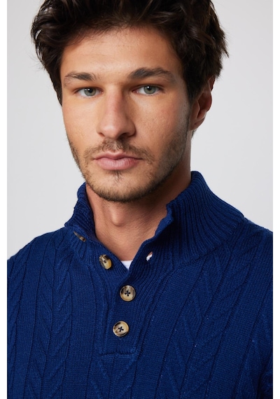 Tudors Erkek Slim Fit Dar Kesim Yumuşak Dokulu Desenli Dik Yaka Düğmeli Triko Saks Mavi Kazak-29888 Koyu Mavi