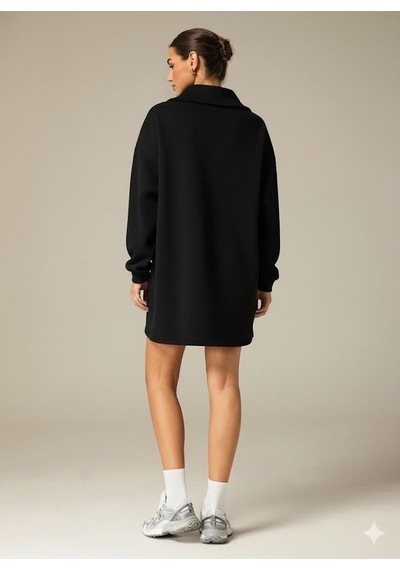 Afri 3 İplik Şardonlu Siyah Oversize Fermuarlı Tunik Sweatshirt - Günlük Spor Elbise Siyah