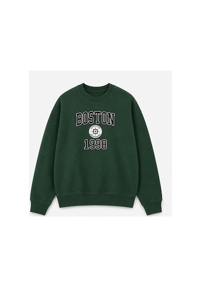 Herkesemoda Boston Baskı Detaylı Bisiklet Yaka Şardonlu 2 İplik Sweatshirt Yeşil