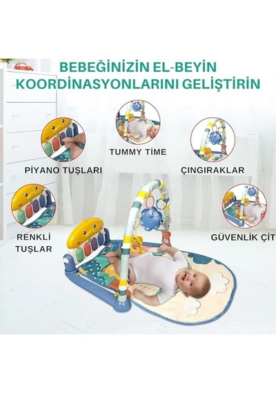 Bebeğim İçin Ördek Figürlü Bebek Oyun Halısı Sesli Müzikli Işıklı Piyanolu Yıkanabilir Matlı Mavi