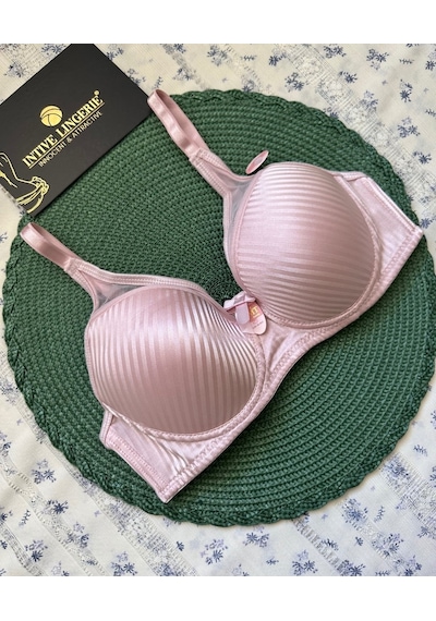 Evelyn Parlak Saten Çizgi Detaylı C Cup Balenli Desteksiz Önü Tül Pembe