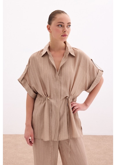 Sateen Bel Büzgü Detaylı Gömlek - Camel-136097 CAMEL