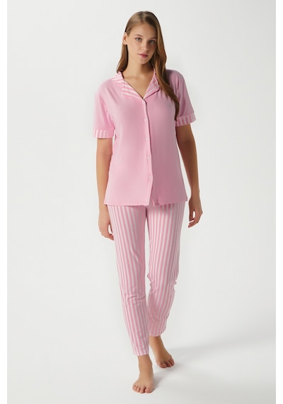 Ritnice Kadın Elena Yumuşak Doku Pembe Çizgili Ön Düğme Kısa Kollu Pijama Takımı