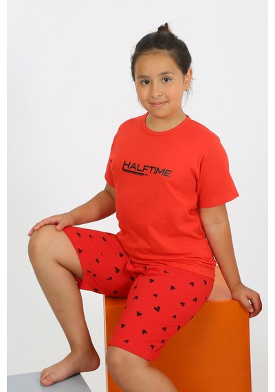Akbeniz Kız Çocuk Şortlu Kısa Kol Penye Pijama Takım 20431 Kırmızı