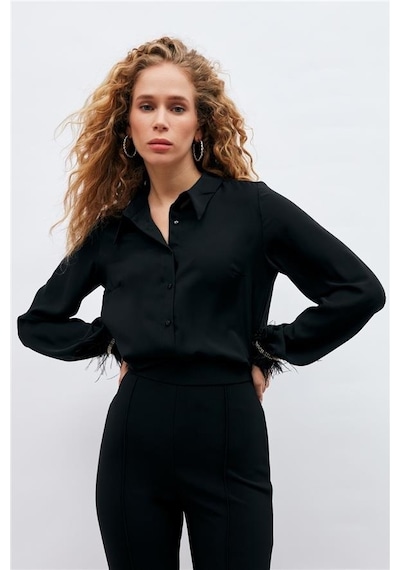 Sateen Manşeti Tüy Detaylı Bayan Gömlek 3075-2023 001