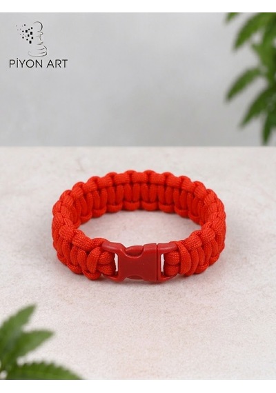 Piyonart El Yapımı Kırmızı Paracord Paraşüt İpi Unisex Bileklik Klipsli Outdoor Survival Takı L Bede