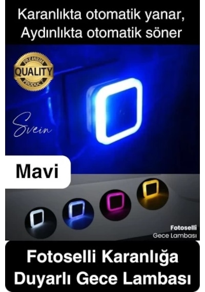 Fotoselli Led Gece Lambası, Mavi Renk Sensörlü Gece Lambası, 1 Watt Mavi Renk Led Gece Lambası Mavi