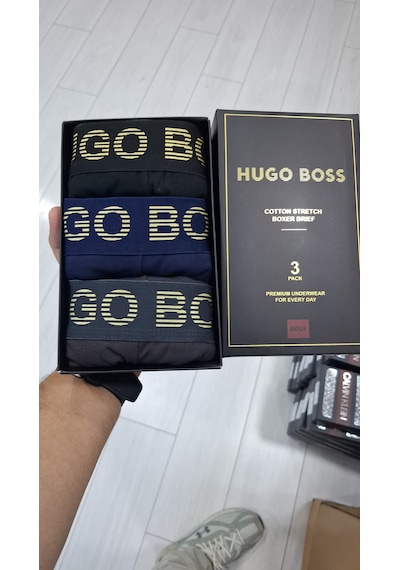 Hugo Boss 3'lü Erkek Boxer Set %100 Organik Pamuk Gri Lacivert Siyah