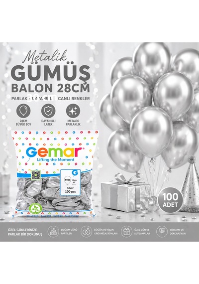 Gm-110-38 Metalik - Gümüş Balon 11&amp Apos &amp Apos - 28cm - 100 Parça 5691 256