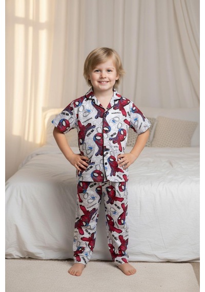 Lillypicca Gri Karakter Desenli Kısa Kollu Erkek Çocuk Pijama Takımı Gri - Kırmızı