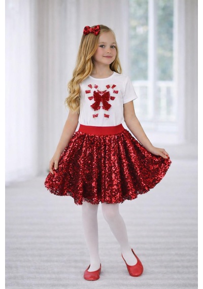 Dıgıl Kids Kız Çocuk Kurdele Desenli T-shirt Etek Takım Kırmızı6