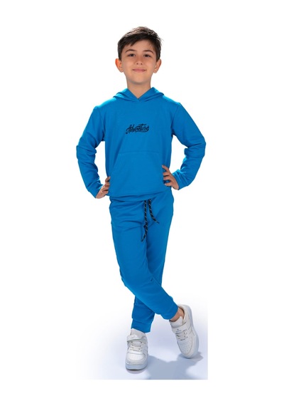 Mnk Baby & Kids Adventure Nakış Kanguru Cepli Kapüşonlu Çocuk Eşofman Mnk10072 Mavi