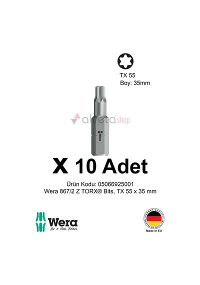 Alveta Wera 867/2 Z Torx Tx55 X 35mm Tornavida Ucu 10 Adet Torx Vidalama Bits Seti Güçlü Seri