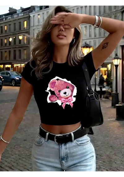 Noıssey Kawaii Pembe Ayıcık Desenli Fiyonklu Kadın Babby Teetişörtleri Yazlık Yumuşak Yüksek Esnek Üstler Siyah