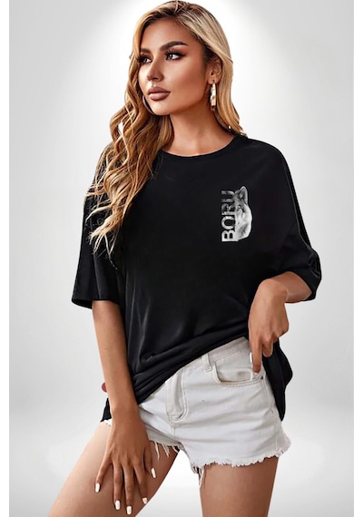 Uluyan Beyaz Kurt Siyah Oversize Unisex Ön Ve Sırt Baskılı Tişört Siyah