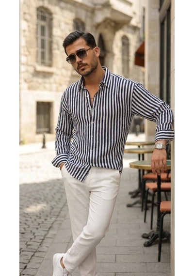 Valensdesign Erkek Dikey Çizgili Yarım Oversize Gömlek Lacivert