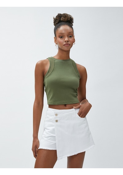 Koton Crop Atlet Halter Yaka File Detaylı Pamuklu Yeşil 3sal30192ık 3SAL30192IK800 Yeşil