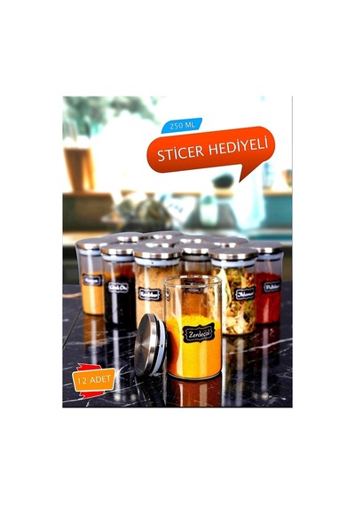 Etiketli 250 Ml Metal Kapaklı 12 Adet Cam Kavanoz Baharatlık Seti Diğer