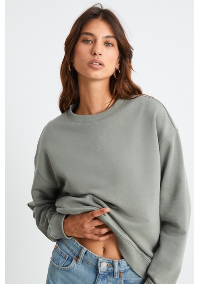 Grimelange Maıja Kadın Bisiklet Yaka İçi Polarlı Oversize Fit Basic Açık Haki Sweatshirt Açık Haki