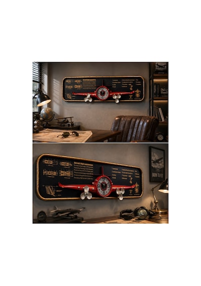 Uçak Tasarımlı Duvar Tablosu 3d Kabartmalı Metal Uçak Duvar Saati Tablo Ev Ofis Dekoru 78x21cm Krmzı Biblo