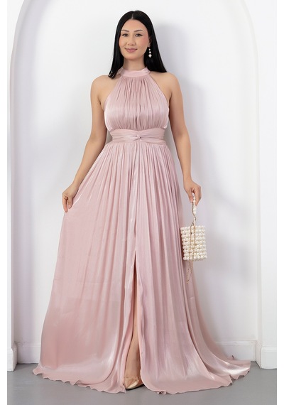 Kalopya Halter Yaka Beli Düğümlü Yırtmaçlı Elbise Drp6882 Pembe