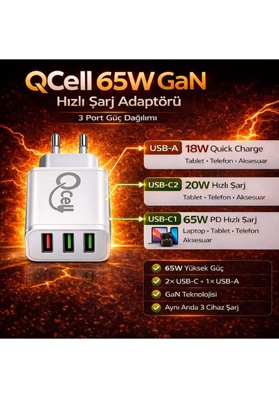 Qcell Super Fast Charger 3 Port 65 Watt Gan Beyaz Adaptör Süper Hızlı Şarj