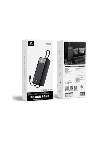 Lenyes PX355D 22.5 W 30.000 mAh Dijital LED Ekranlı Type-C ve Lightning Kablolu Powerbank