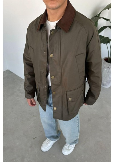 Haki Waxed Çıt Çıt Cep Detay Oversize Ceket Haki