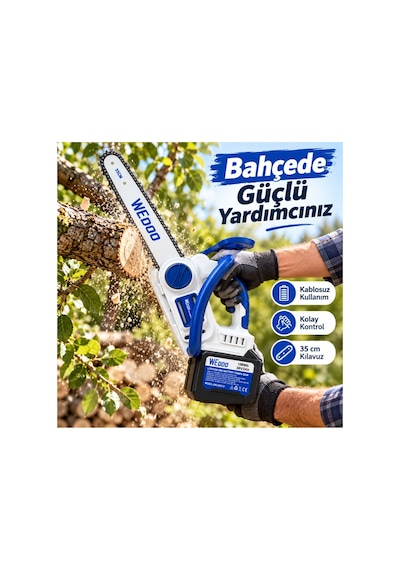 Algaride Wedo 36v 3ah Akülü Zincirli Testere 1200w Güç 13.000 Rpm 35 Cm Kılavuz 1/4 Zincir Bahçe Dal Ve Odun Kesim Makinesi