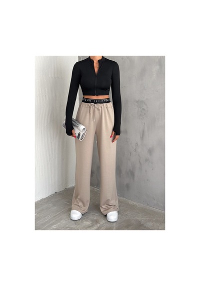 Gugus Kadın Modal Kumaş Geniş Kesim Bol Paça Eşofman Çift Cepli Beli Detaylı Bej