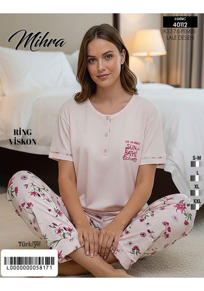 Mihra Kadın Ring Viskon Düğmeli Yaka Kısa Kol Likralı Pijama Takımı 40112p - 1 Adet Pembe