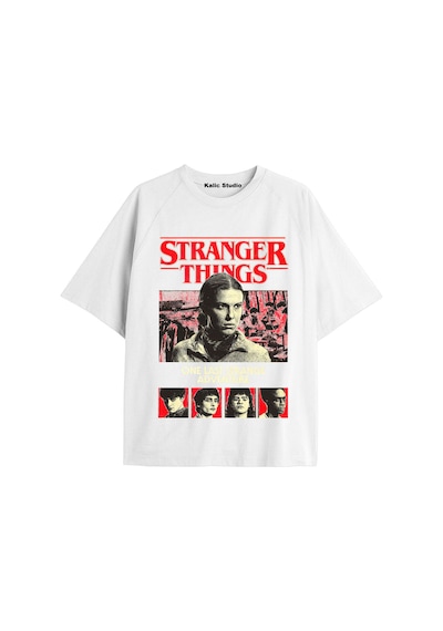 Stranger Things Baskılı Oversize Ünisex T-shirt Beyaz Turkuaz