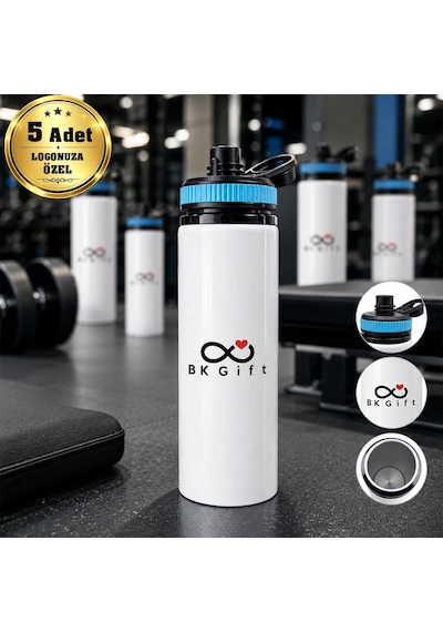 Logonuza Özel 5 Adet Askılı Alüminyum Su Matarası - 800 Ml Kurumsal Matara Mavi